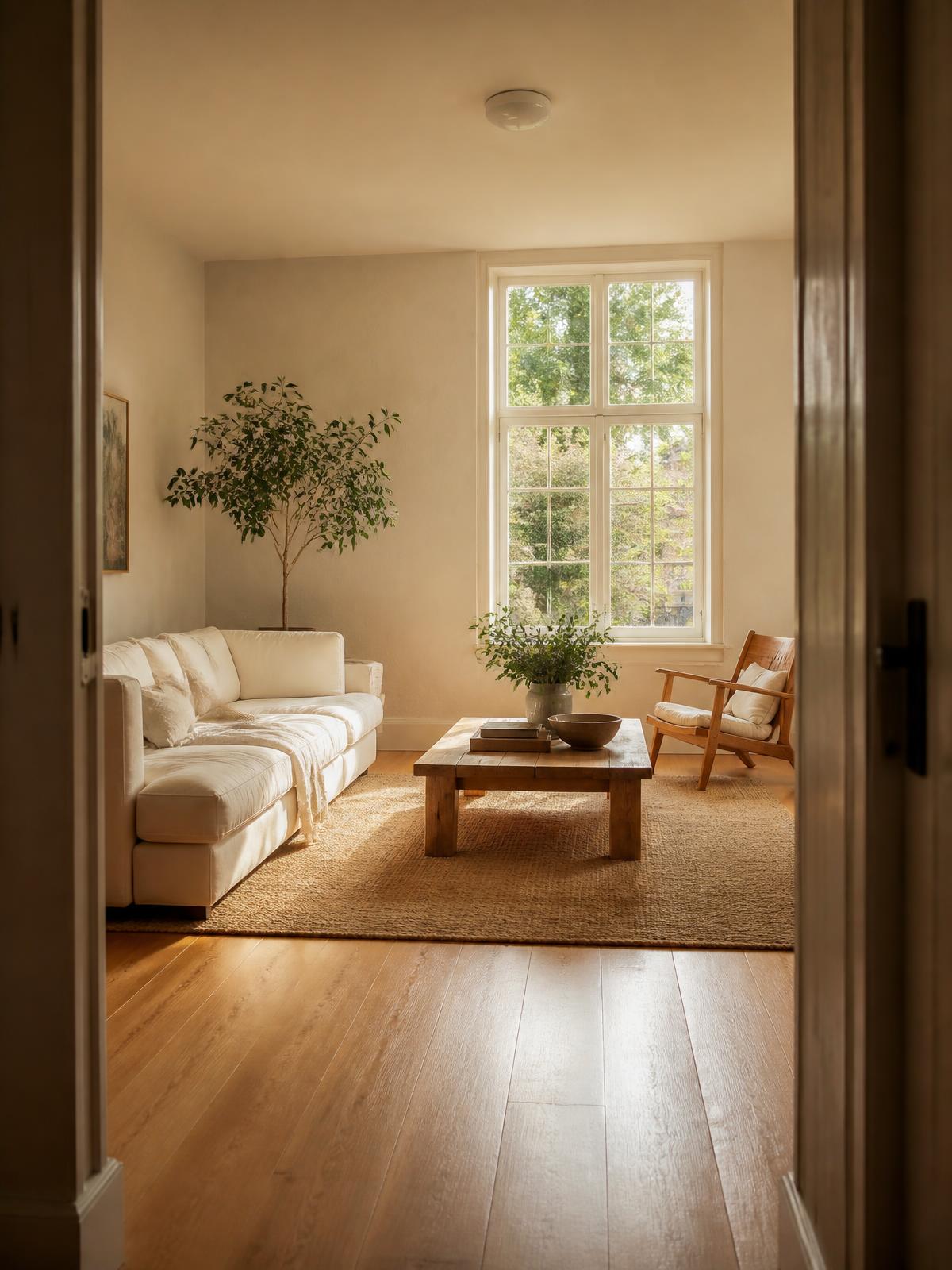 Blick in einen Wohnraum mit Eichenboden hinter der geöffneten Tür